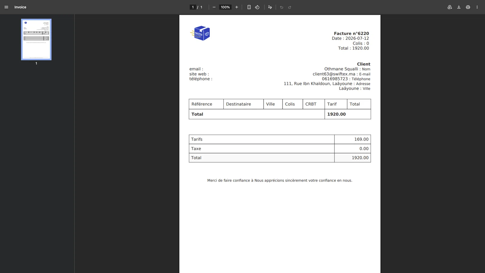 Facture PDF générée automatiquement pour les colis contre remboursement