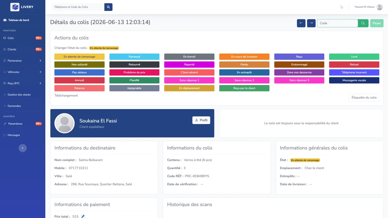 Écran de détails du colis avec 24 statuts de livraison en un clic dans le logiciel Fastex